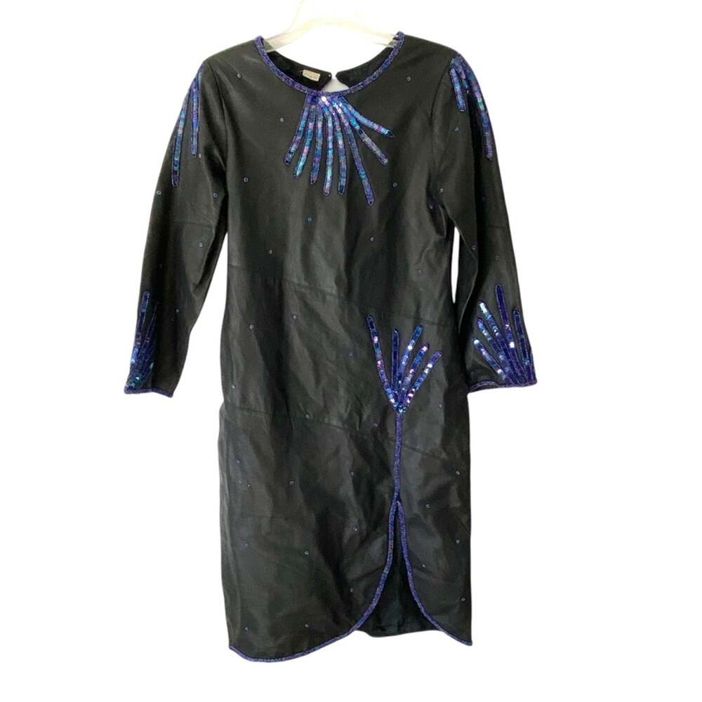 Vintage Black Leather Blue Sequin Beaded Dress size small Unique Groovy